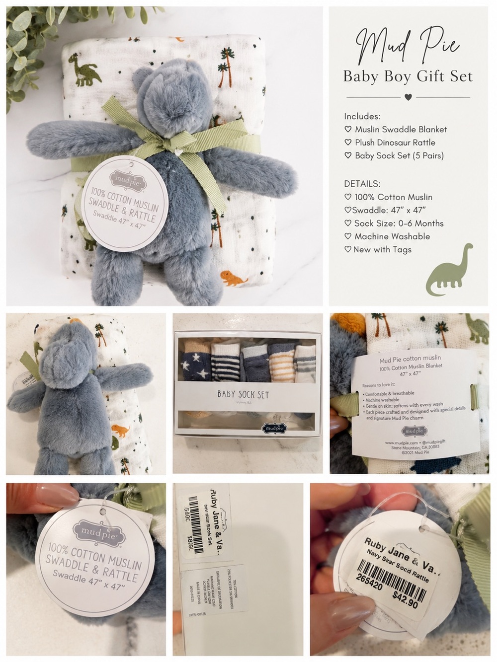Mud Pie Gray and White Cotton Muslin Swaddle & Rattle